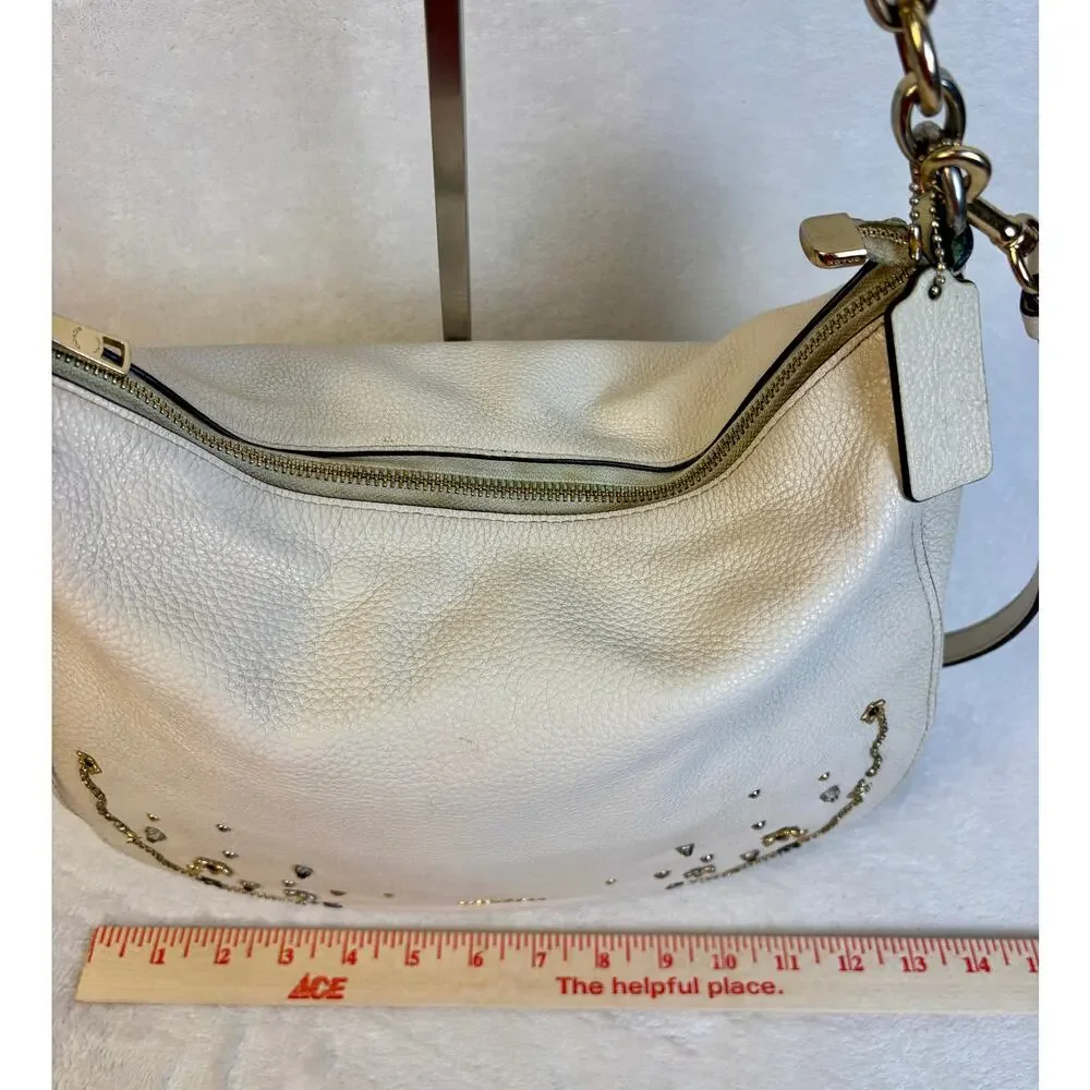 Authentic Coach Cream Leather Stardust Crystal Rivet Elle Hobo Shoulder Bag